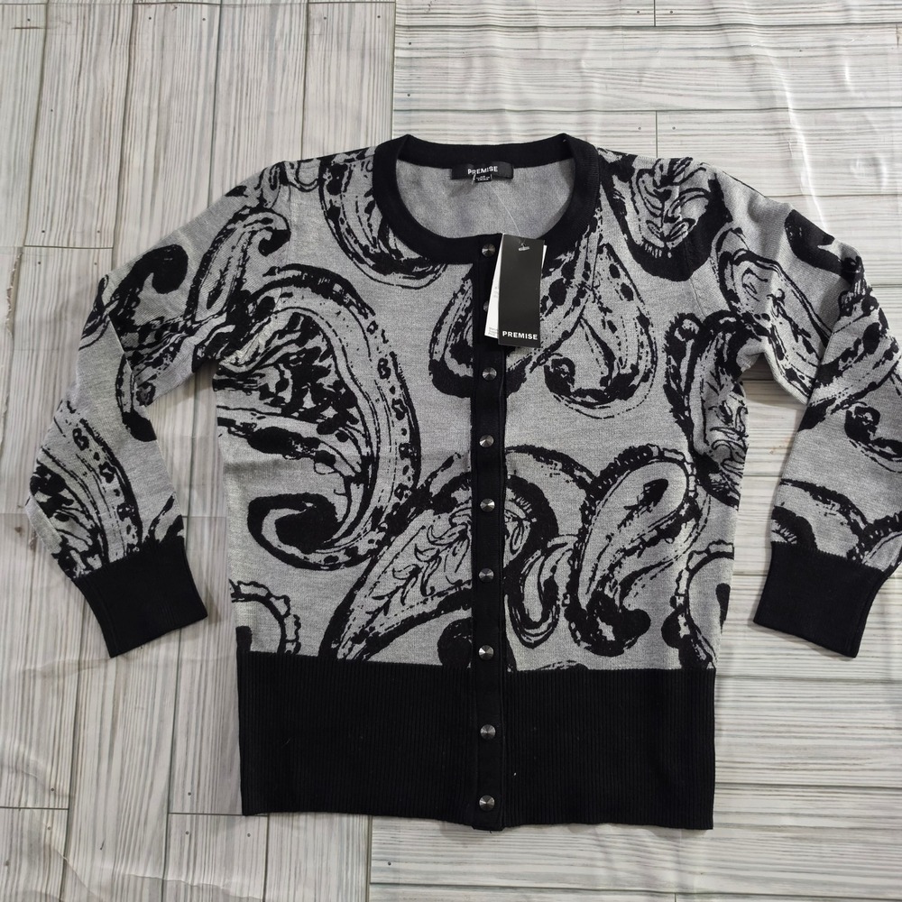 Premise Womens Paisley Button Front Cardigan Sweater Grey Black XS NWT